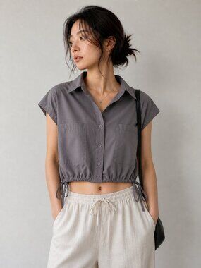 GARAGE Cropped Cap Sleeve Button-Front Lightweight Shirt - Gray Size Medium